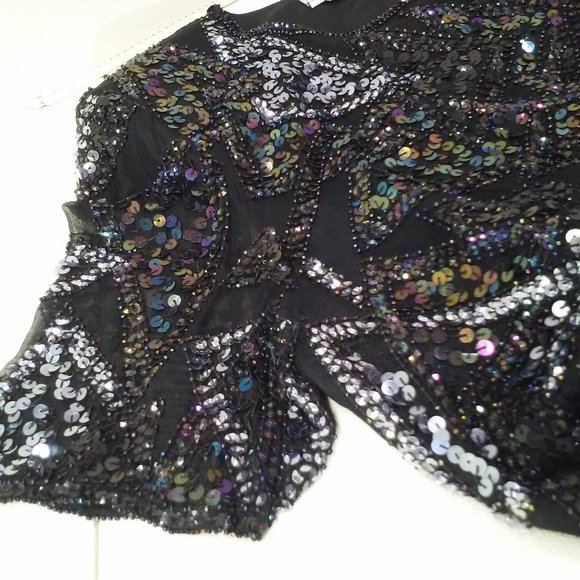 Vintage 80s Silk Sequin Beaded Crew-T Top Lady-M Keyhole SSL Bling Glam Metallic - Picture 5 of 10